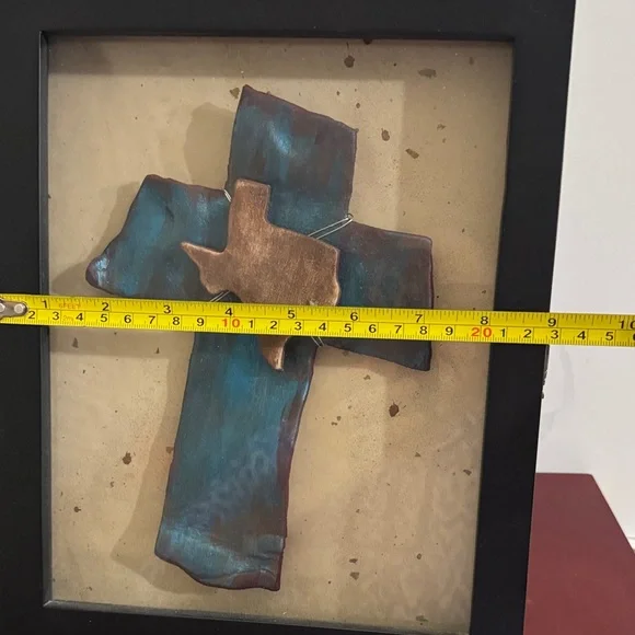 Framed, handmade, mixed-media cross featuring the outline of the state of Texas - Picture 3 of 11